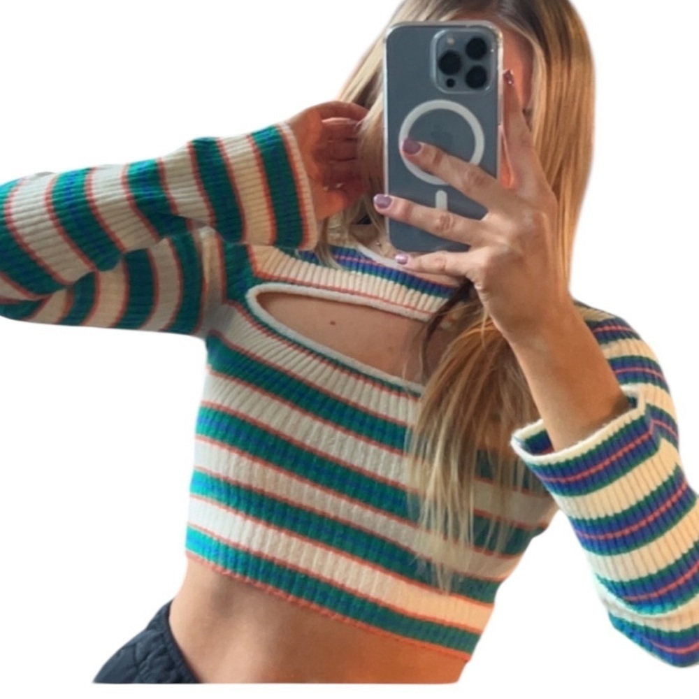 Princess Polly Paulina Multicolor longsleeve Striped Crop Top sz s/m cutout